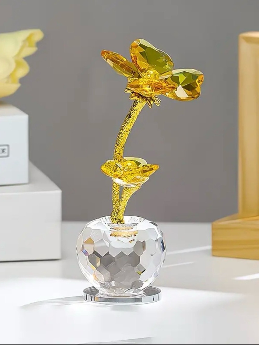 Crystal Flower Figurine in Yellow and Clear - Decorative Home Accent